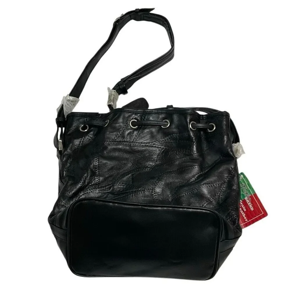 Maxam Lambskin Patchwork Mosaic Drawstring Bag, Black NWT Vintage